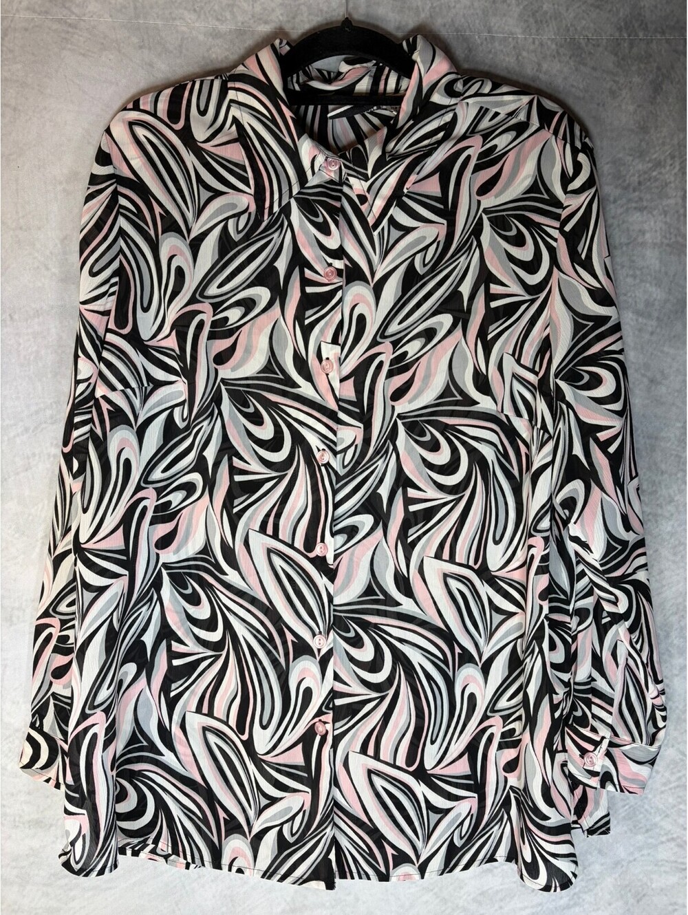 Fashion Bug Women’s 18/20 Black Pink Abstract Print Button Up Blouse Long Sleeve